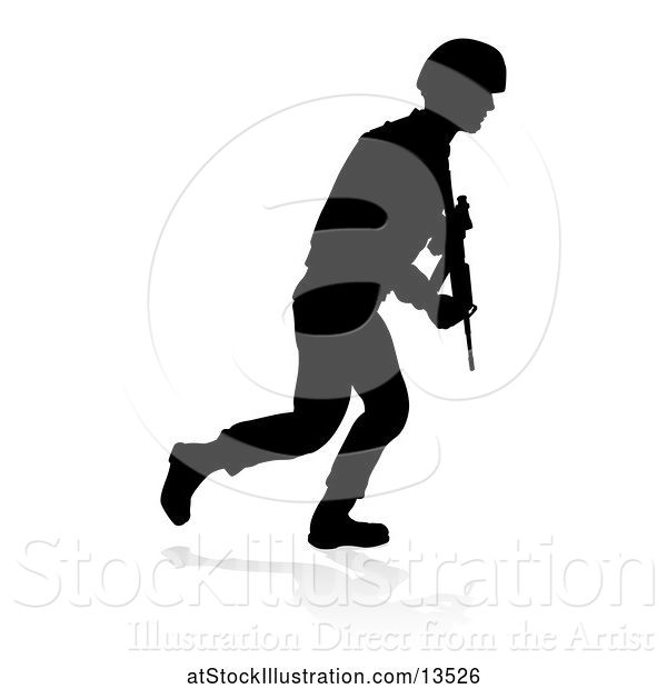 Vector Illustration of Silhouetted Male Armed Soldier, with a Reflection or Shadow, on a White Background
