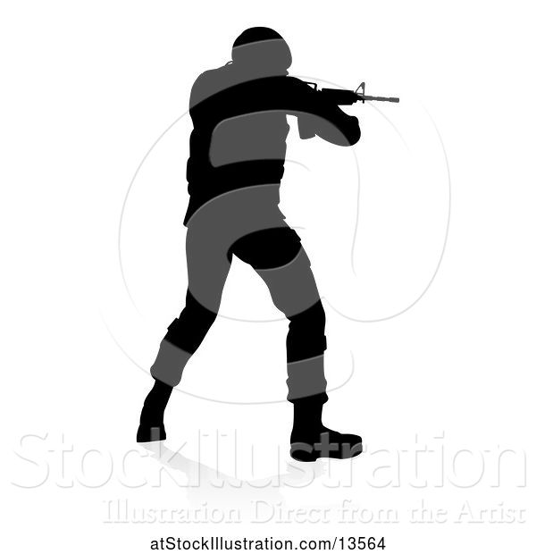 Vector Illustration of Silhouetted Male Armed Soldier, with a Reflection or Shadow, on a White Background