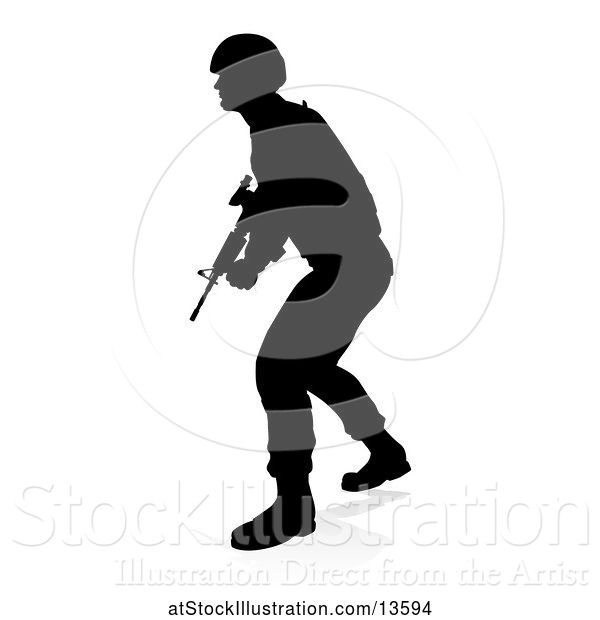 Vector Illustration of Silhouetted Male Armed Soldier, with a Reflection or Shadow, on a White Background