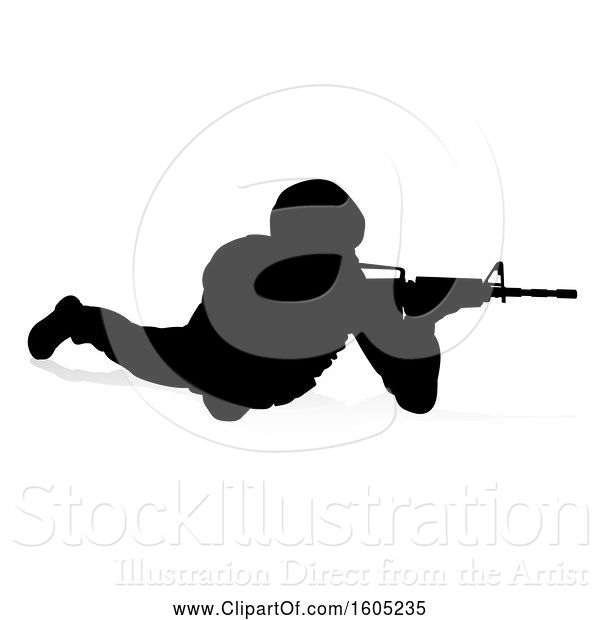 Vector Illustration of Silhouetted Male Armed Soldier, with a Reflection or Shadow, on a White Background