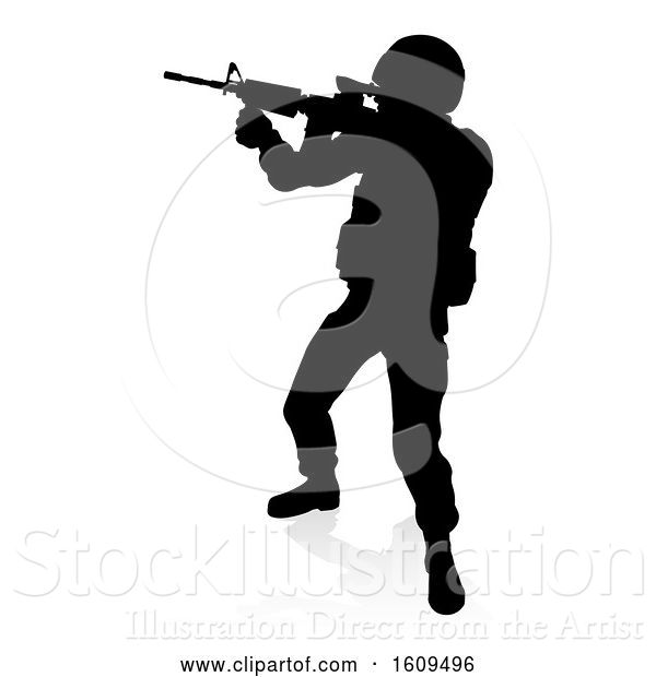 Vector Illustration of Silhouetted Male Armed Soldier, with a Reflection or Shadow, on a White Background