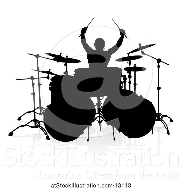 Vector Illustration of Silhouetted Male Drummer, with a Reflection or Shadow, on a White Background