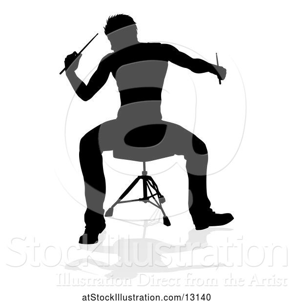 Vector Illustration of Silhouetted Male Drummer, with a Reflection or Shadow, on a White Background