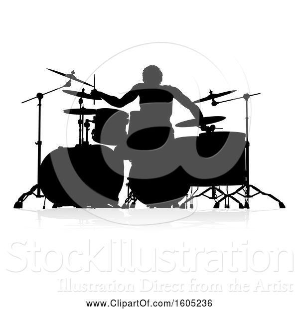 Vector Illustration of Silhouetted Male Drummer, with a Reflection or Shadow, on a White Background