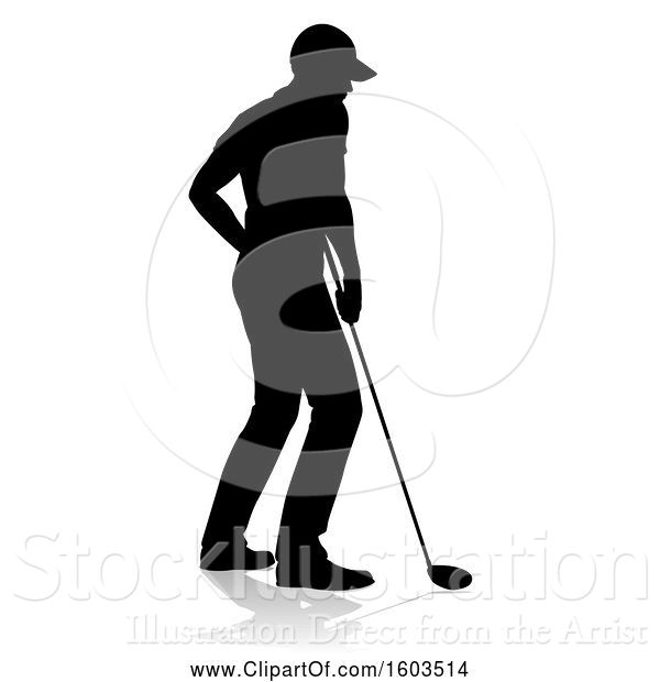 Vector Illustration of Silhouetted Male Golfer, with a Reflection or Shadow, on a White Background