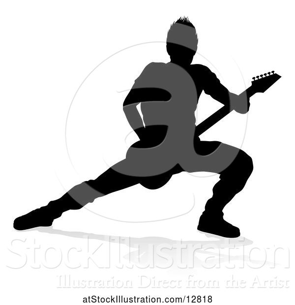 Vector Illustration of Silhouetted Male Guitarist, with a Reflection or Shadow, on a White Background