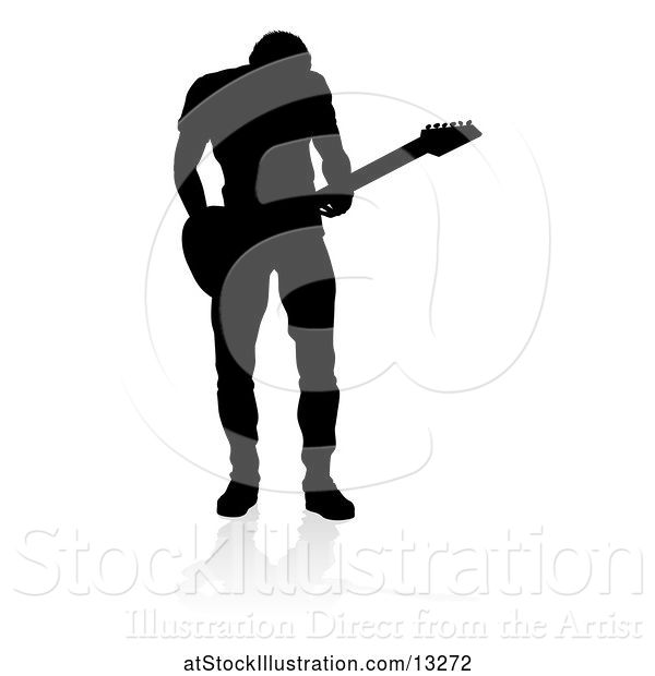 Vector Illustration of Silhouetted Male Guitarist, with a Reflection or Shadow, on a White Background