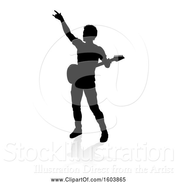 Vector Illustration of Silhouetted Male Guitarist, with a Reflection or Shadow, on a White Background