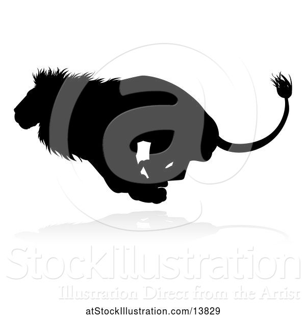 Vector Illustration of Silhouetted Male Lion Running, with a Reflection or Shadow