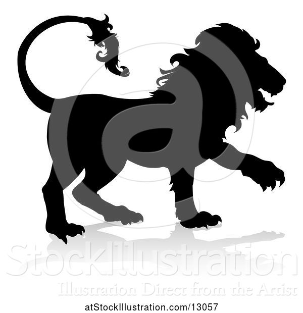 Vector Illustration of Silhouetted Male Lion, with a Reflection or Shadow, on a White Background
