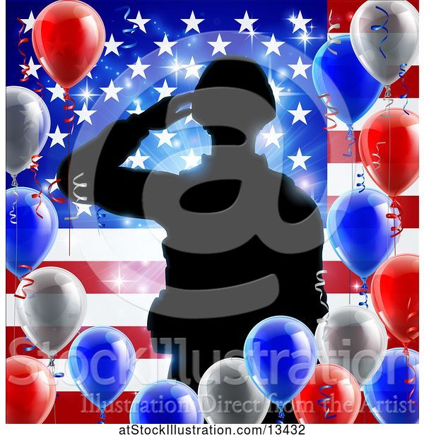 Vector Illustration of Silhouetted Male Military Veteran Saluting over an American Flag and Balloons