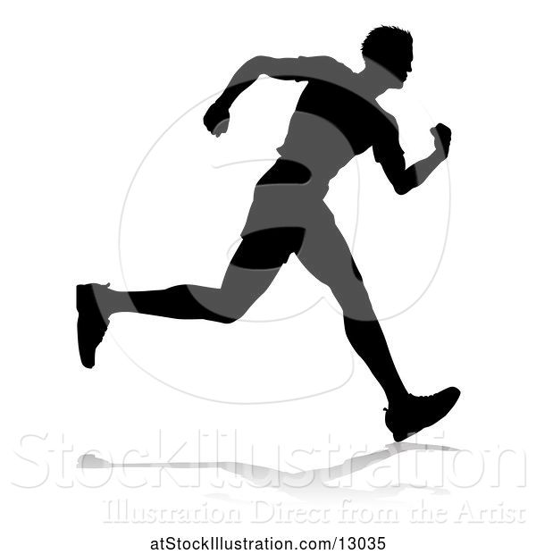 Vector Illustration of Silhouetted Male Runner, with a Reflection or Shadow, on a White Background