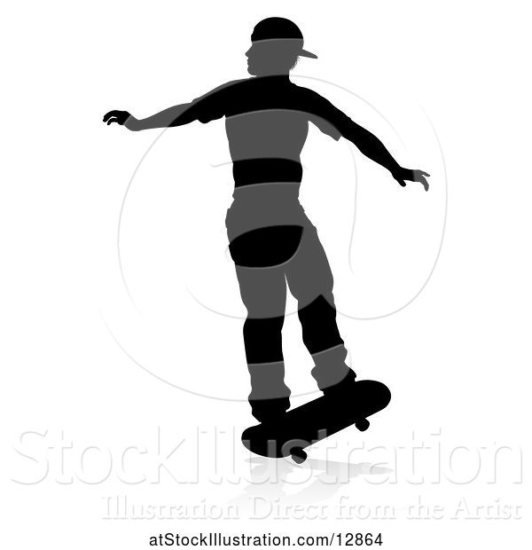 Vector Illustration of Silhouetted Male Skateboarder, with a Reflection or Shadow, on a White Background