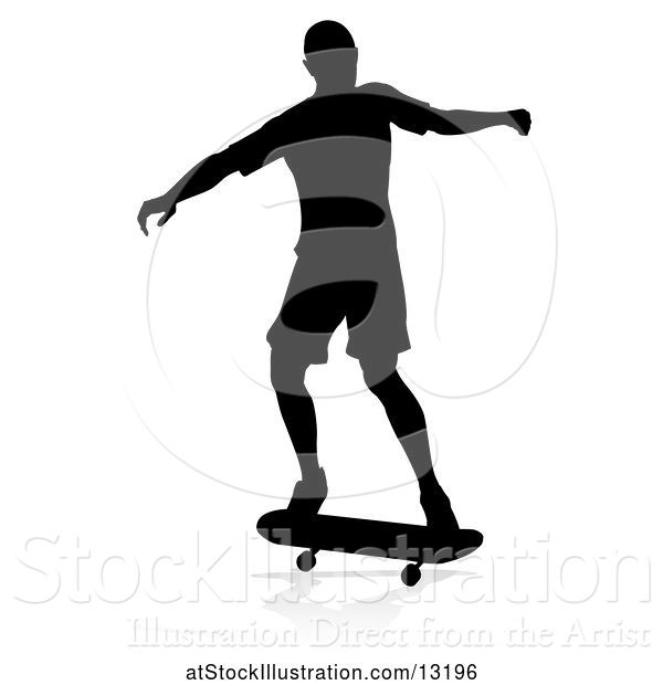 Vector Illustration of Silhouetted Male Skateboarder with a Reflection or Shadow, on a White Background