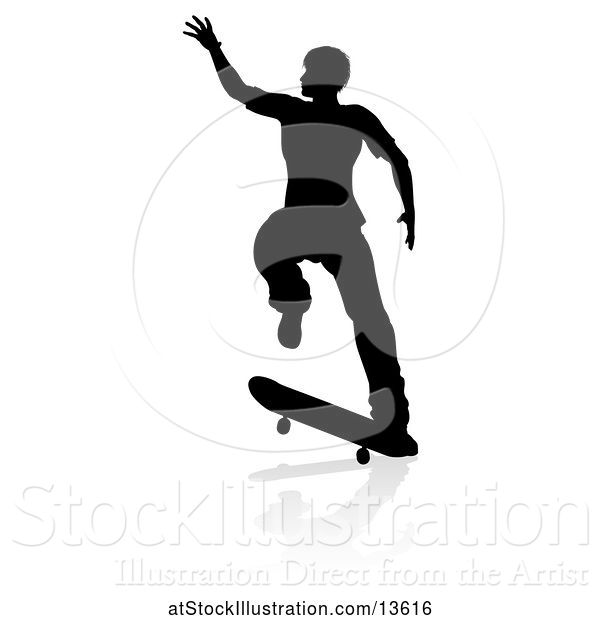 Vector Illustration of Silhouetted Male Skateboarder with a Reflection or Shadow, on a White Background