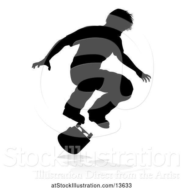 Vector Illustration of Silhouetted Male Skateboarder with a Reflection or Shadow, on a White Background