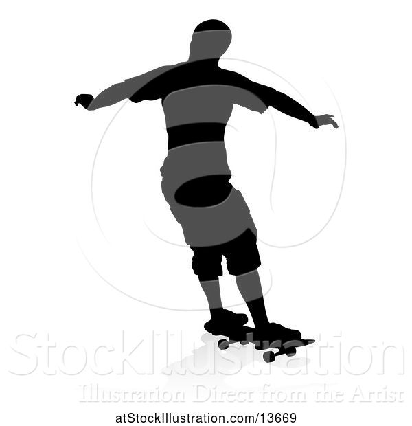 Vector Illustration of Silhouetted Male Skateboarder with a Reflection or Shadow, on a White Background