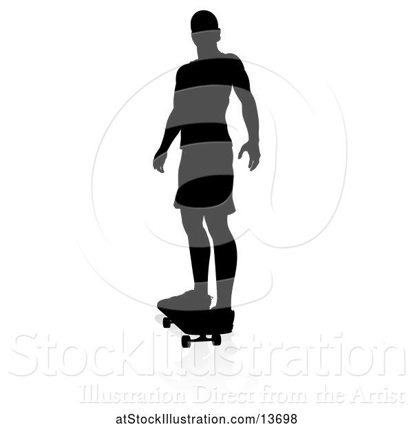 Vector Illustration of Silhouetted Male Skateboarder with a Reflection or Shadow, on a White Background