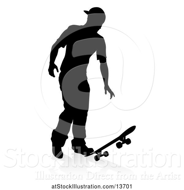 Vector Illustration of Silhouetted Male Skateboarder with a Reflection or Shadow, on a White Background