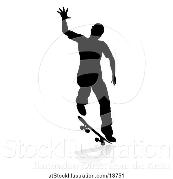 Vector Illustration of Silhouetted Male Skateboarder with a Reflection or Shadow, on a White Background