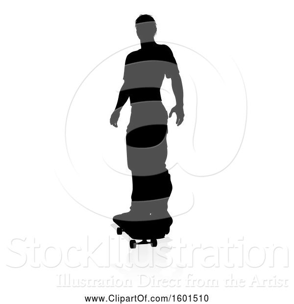 Vector Illustration of Silhouetted Male Skateboarder with a Reflection or Shadow, on a White Background