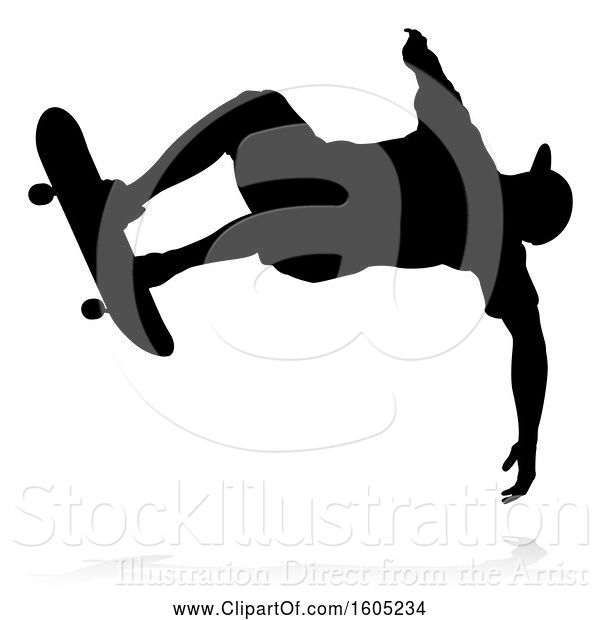 Vector Illustration of Silhouetted Male Skateboarder with a Reflection or Shadow, on a White Background