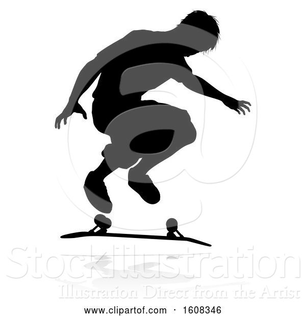 Vector Illustration of Silhouetted Male Skateboarder, with a Reflection or Shadow, on a White Background