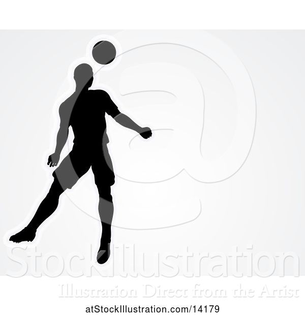 Vector Illustration of Silhouetted Male Soccer Player Heading a Ball over Gray, with Text Space