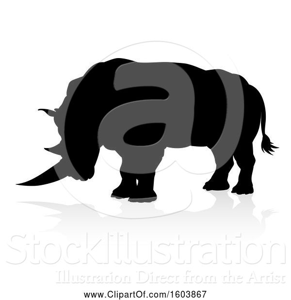 Vector Illustration of Silhouetted Rhino, with a Reflection or Shadow, on a White Background