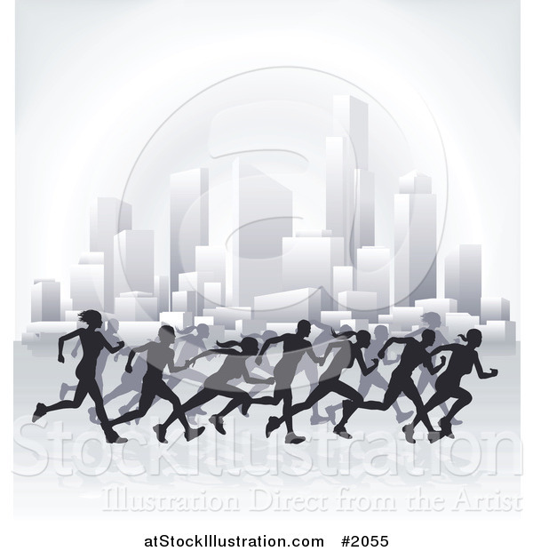 Vector Illustration of Silhouetted Runners Racing Through a City