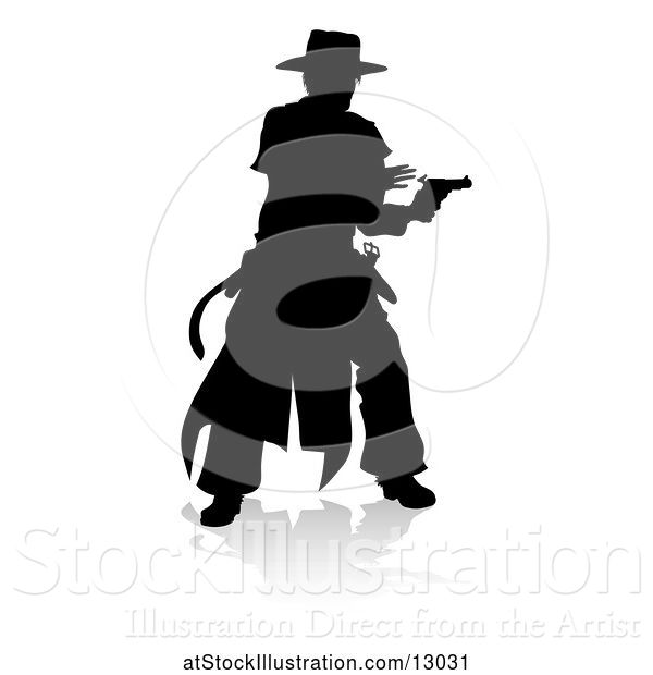 Vector Illustration of Silhouetted Shooting Cowboy, with a Reflection or Shadow, on a White Background