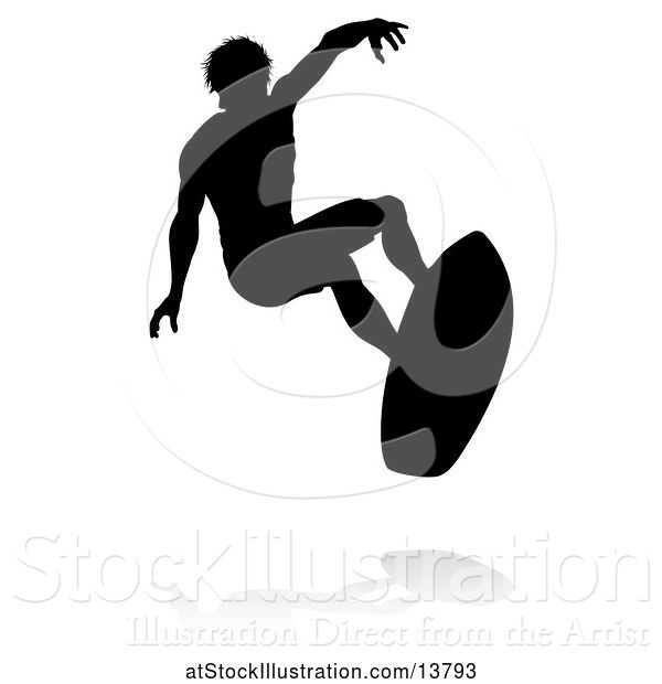 Vector Illustration of Silhouetted Surfer in Action, with a Reflection or Shadow