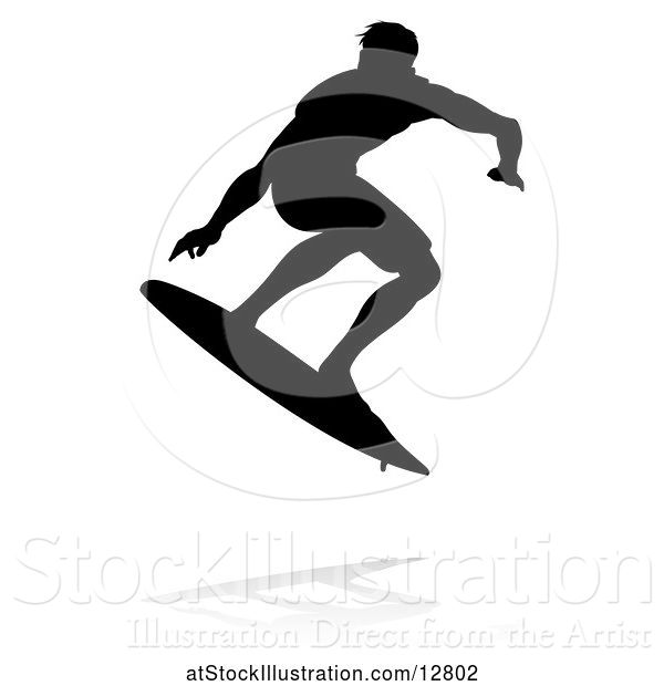 Vector Illustration of Silhouetted Surfer with a Reflection or Shadow, on a White Background