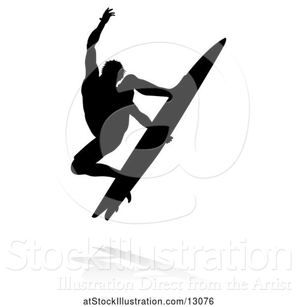 Vector Illustration of Silhouetted Surfer with a Reflection or Shadow, on a White Background