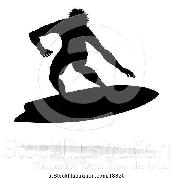 Vector Illustration of Silhouetted Surfer with a Reflection or Shadow, on a White Background