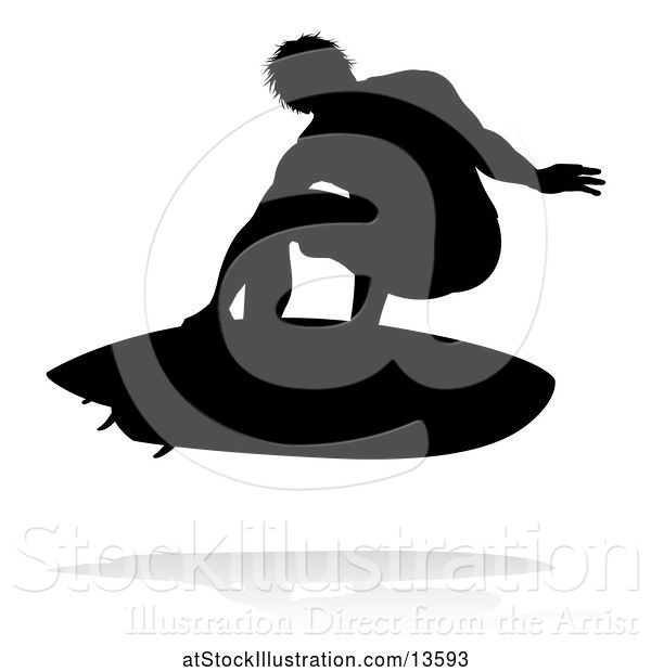 Vector Illustration of Silhouetted Surfer with a Reflection or Shadow, on a White Background