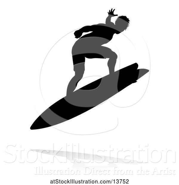 Vector Illustration of Silhouetted Surfer with a Reflection or Shadow, on a White Background