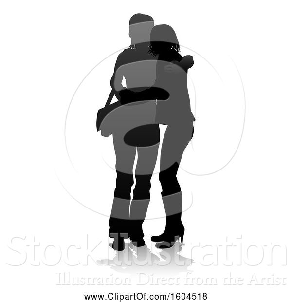 Vector Illustration of Silhouetted Teenage Girls Hugging, with a Reflection or Shadow, on a White Background