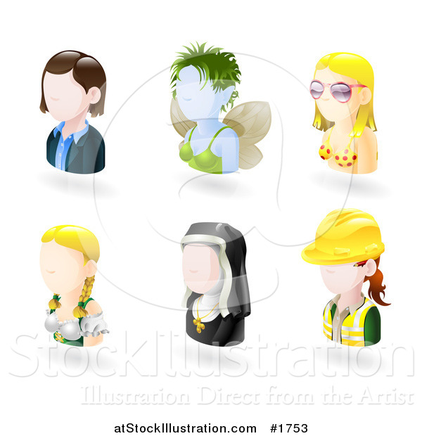 Vector Illustration of Six Avatar People; Business Woman, Fairy, Bikini Girl, German Waitress, Nun, and Female Engineer