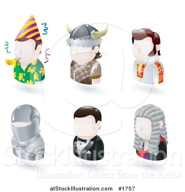 Vector Illustration of Six Avatar People; Party Guy, Viking, Elvis, Knight, James Bond, and a Judge