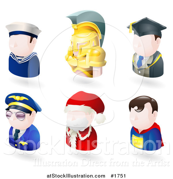 Vector Illustration of Six Avatar People; Sailor, Spartan, Teacher, Pilot, Santa, and a Superhero