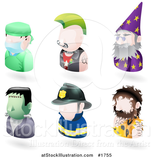 Vector Illustration of Six Avatar People; Surgeon, Punk, Wizard, Frankenstein, Firefighter, and a Caveman