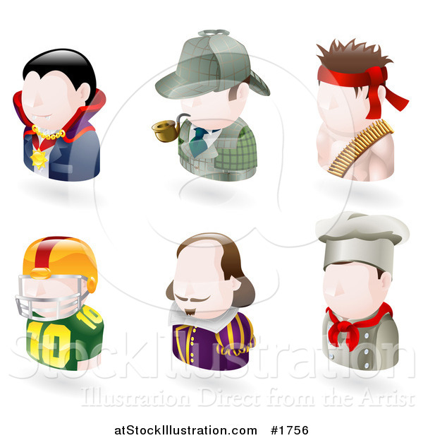 Vector Illustration of Six Avatar People; Vampire, Sherlock Holmes, Rambo, American Football Player, Shakespear, and a Chef