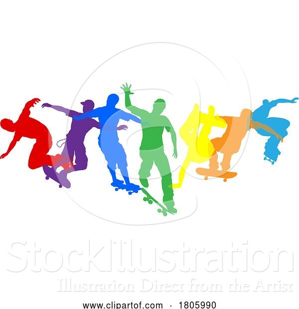 Vector Illustration of Skateboarder Skateboarding Silhouette People Set