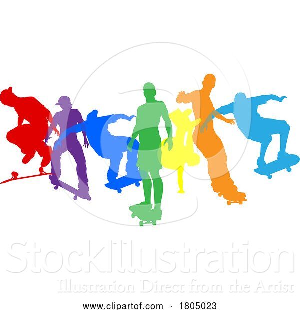 Vector Illustration of Skateboarder Skateboarding Silhouette People Set