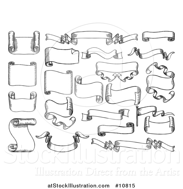 Vector Illustration of Sketched or Etched Styled Black and White Ribbons, Flags and Banners