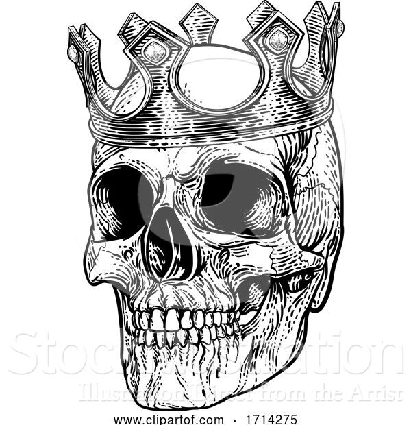 Vector Illustration of Skull Human Skeleton King Wearing Royal Crown