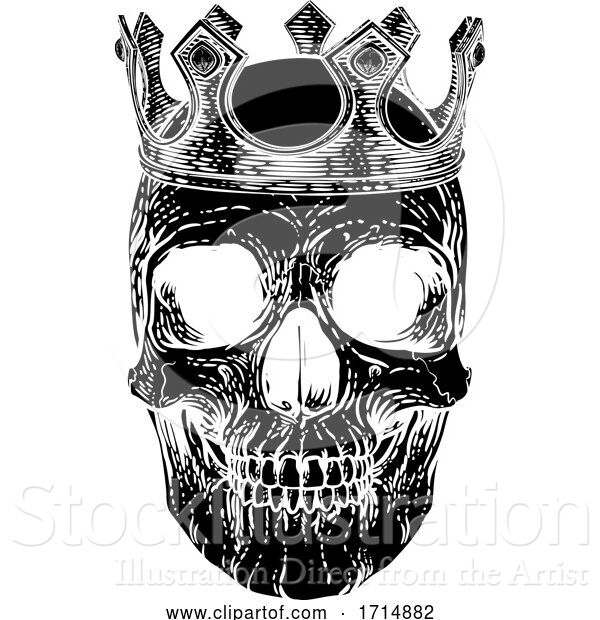 Vector Illustration of Skull Human Skeleton King Wearing Royal Crown