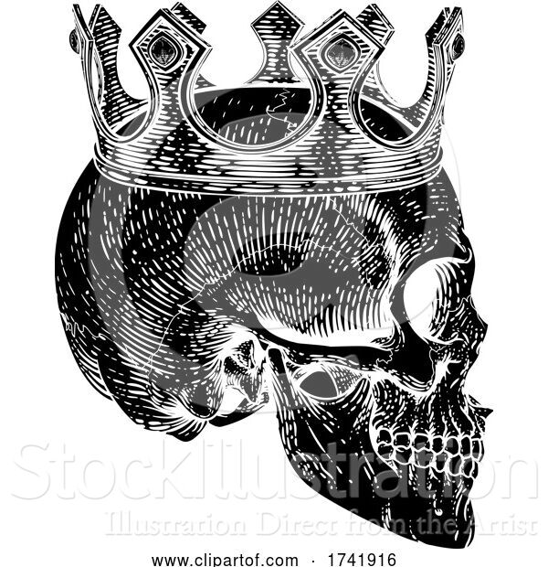 Vector Illustration of Skull Human Skeleton King Wearing Royal Crown