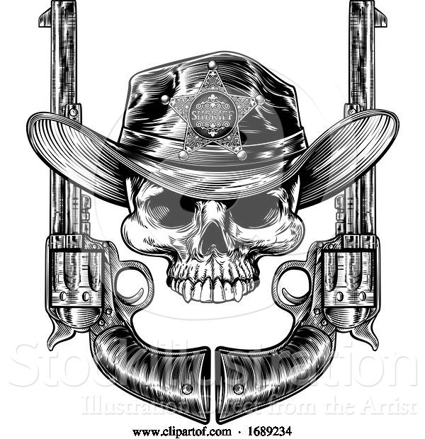 Vector Illustration of Skull in Cowboy Hat with Sheriff Star and Pistols